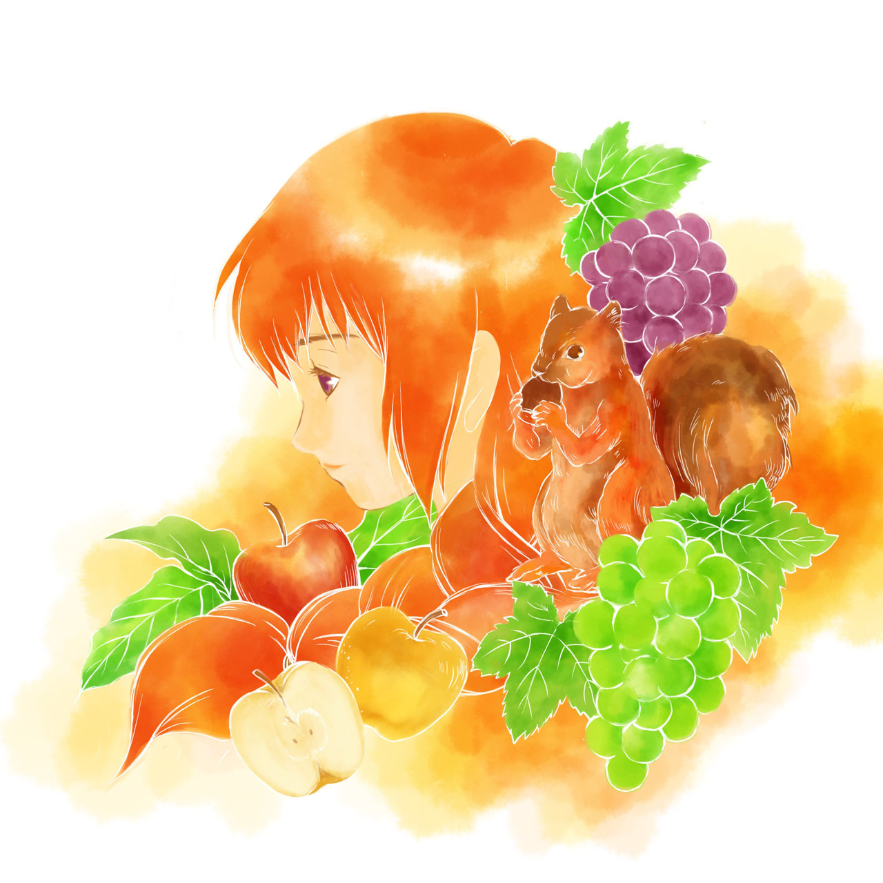 秋の実りのイラスト、リスと赤毛の少女